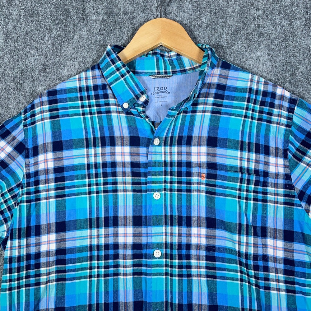 IZOD Saltwater Shirt Mens L Blue‎ Plaid Short Sleeve Relaxed Classics  #AB439 - Picture 2 of 6